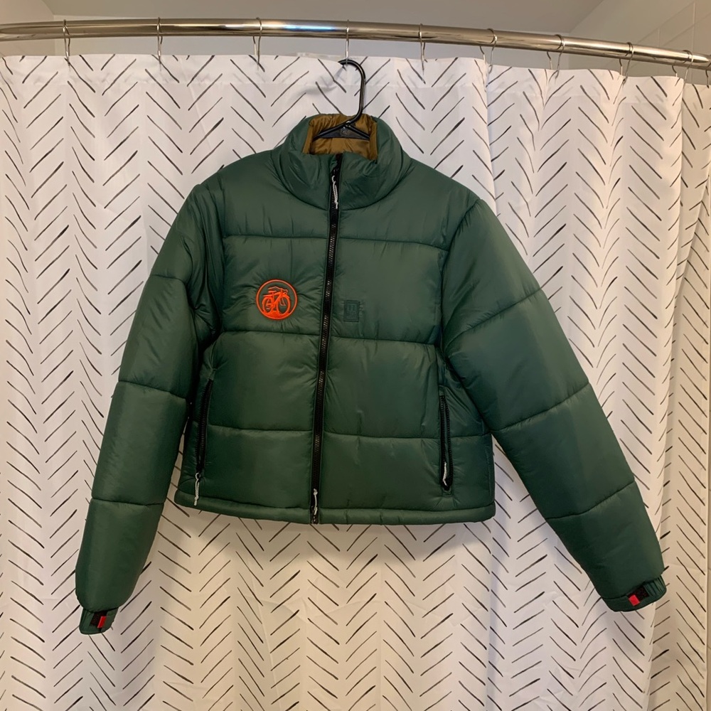 Brand new Topo Designs Green Puffer Jacket with New Belgium Logo